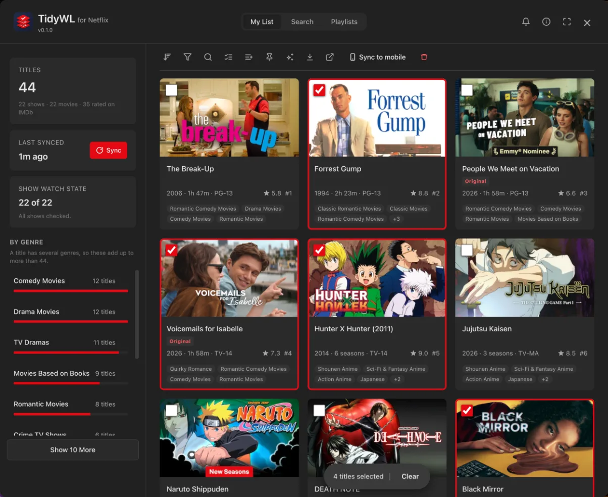 The dashboard with several titles ticked and a bulk actions bar showing the number selected.