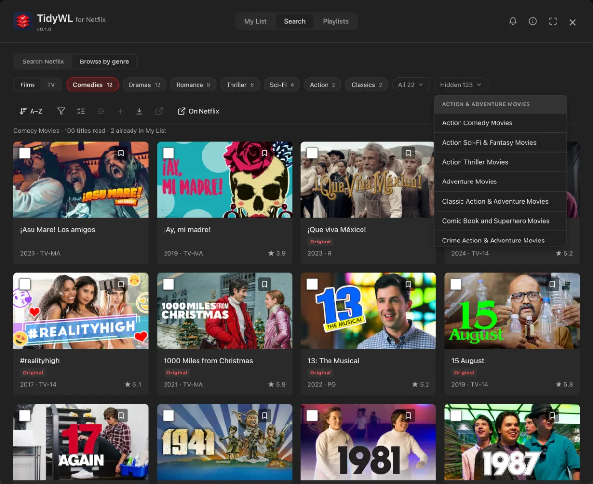 Browse by genre with the Hidden menu open, listing categories such as Action Comedy Movies and Comic Book and Superhero Movies above a grid of film cards.