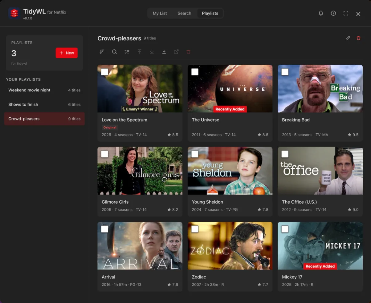 The Playlists tab, showing several custom playlists and the titles inside one of them.