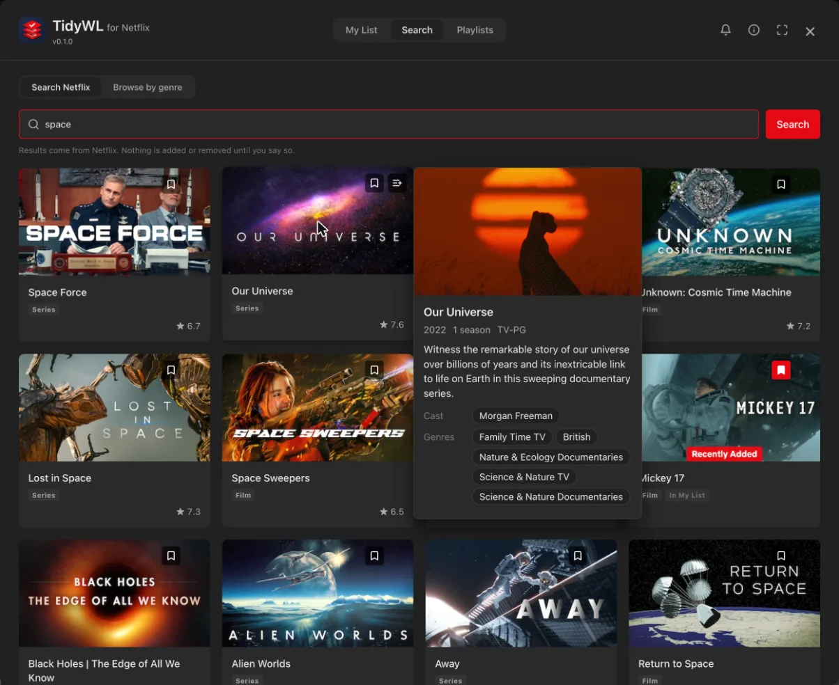 The Search tab showing results for "space" as a grid of box art with IMDb ratings, and a panel open beside one card with its synopsis, cast and genres.