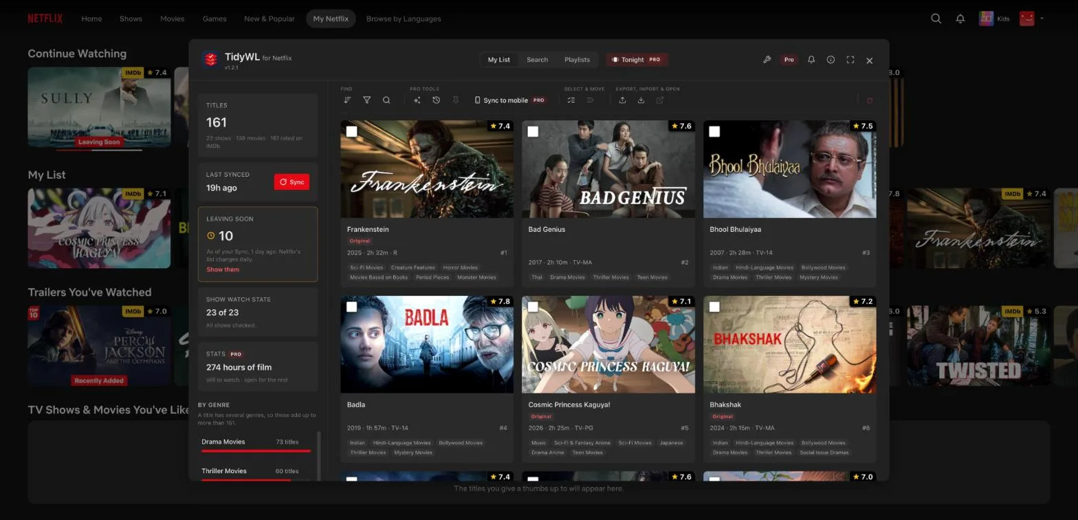 The TidyWL for Netflix dashboard open over Netflix's My Netflix page, showing a My List of 161 titles as a grid of cards, each with its IMDb rating, year, runtime and genres, beside a panel counting 10 titles leaving soon.