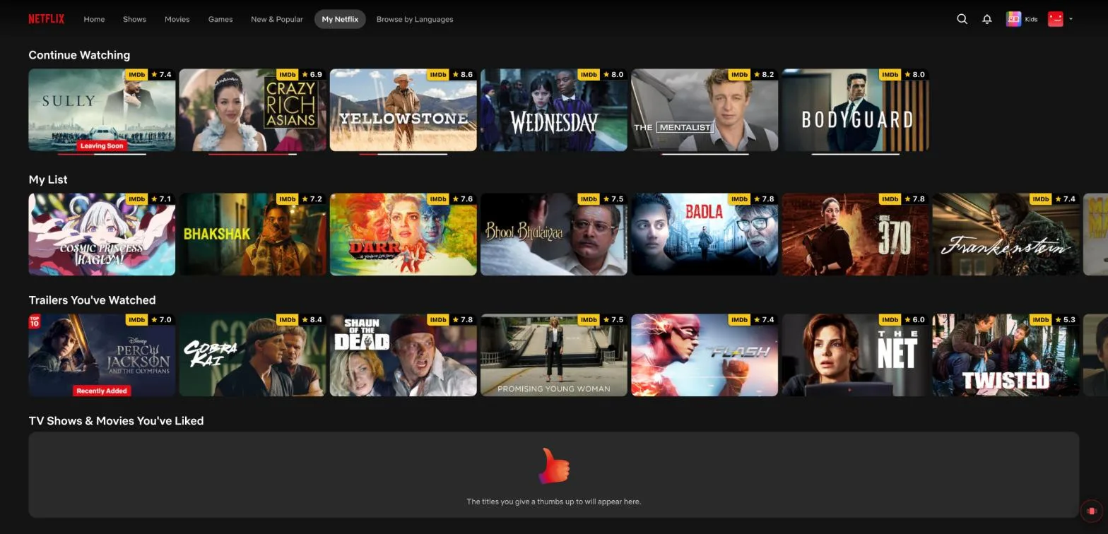Netflix's My Netflix page on a computer: rows for Continue Watching, My List, Trailers You've Watched and titles you liked, with My List as a single row of seven cards that scrolls sideways.