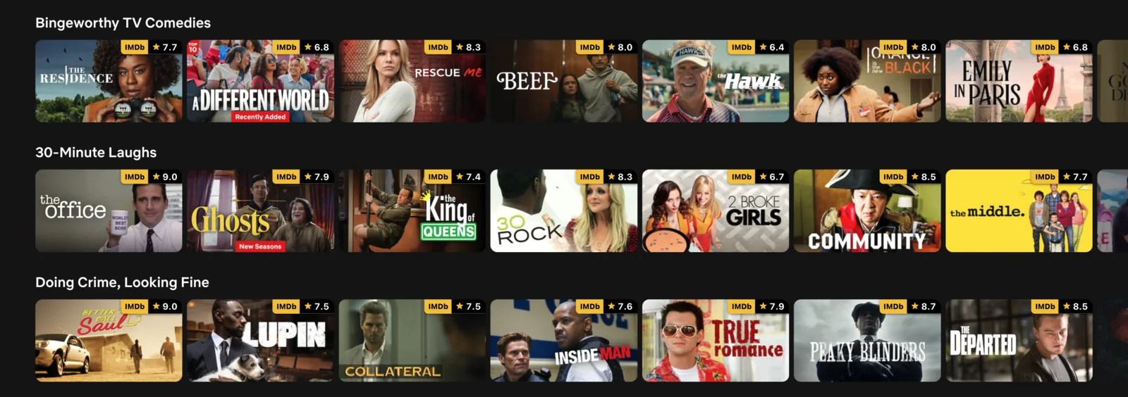 Three rows of Netflix's own home page, Bingeworthy TV Comedies, 30-Minute Laughs and Doing Crime, Looking Fine, with an IMDb rating badge in the top-right corner of every title's art, such as The Office at 9.0 and Peaky Blinders at 8.7.