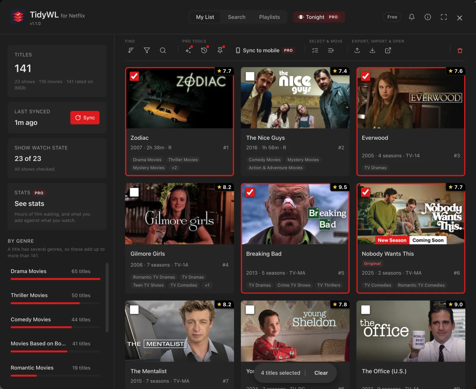 The dashboard with four titles ticked, Zodiac, Everwood, Breaking Bad and Nobody Wants This, and a bar at the bottom reading 4 titles selected.