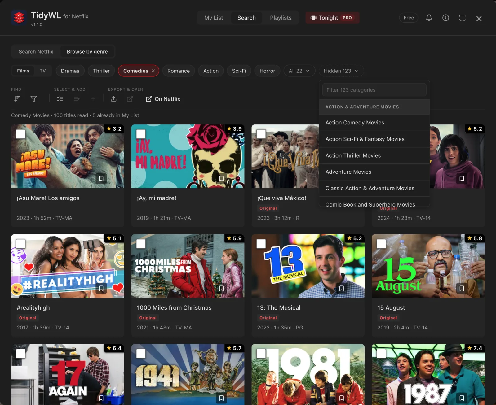 Browse by genre on Comedies, with the Hidden menu open on 123 categories such as Action Comedy Movies and Comic Book and Superhero Movies, above a grid of film cards with IMDb ratings.