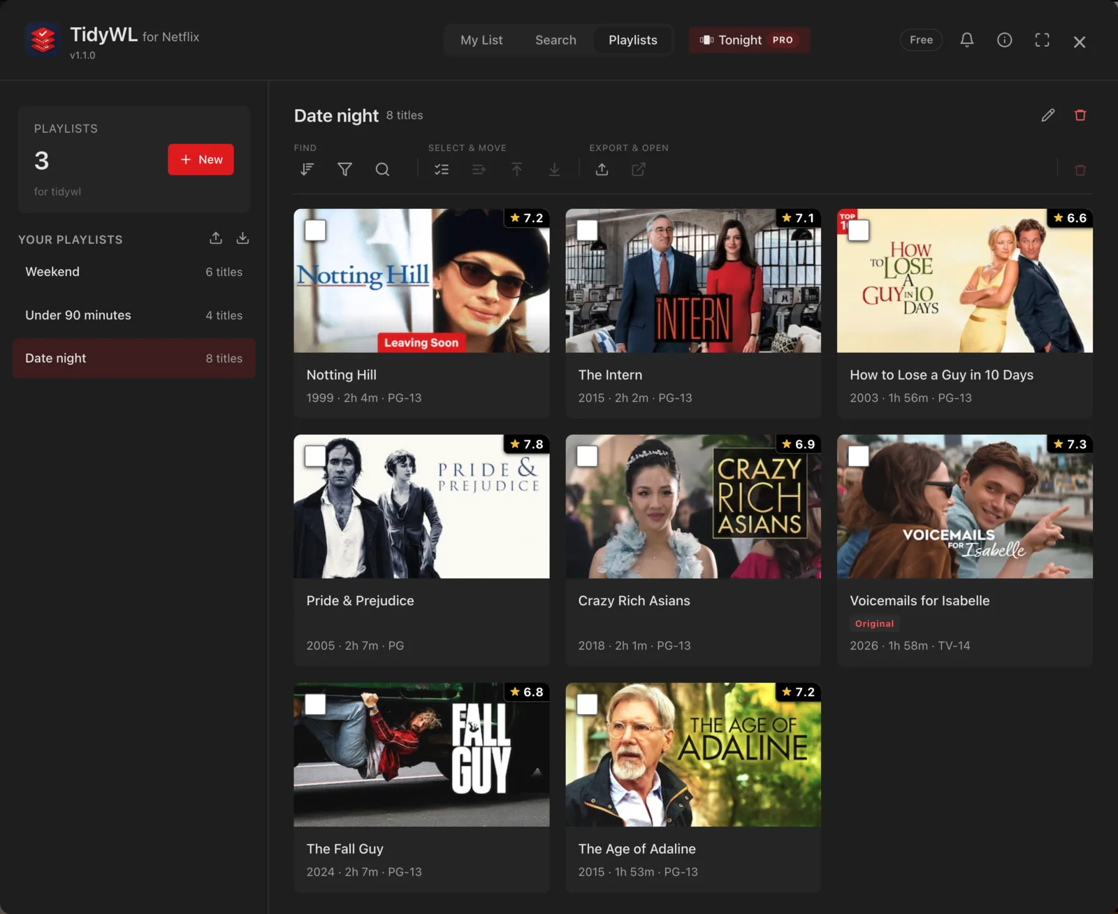 The Playlists tab with three playlists, Weekend, Under 90 minutes and Date night, and Date night open with its eight titles, each with its IMDb rating.