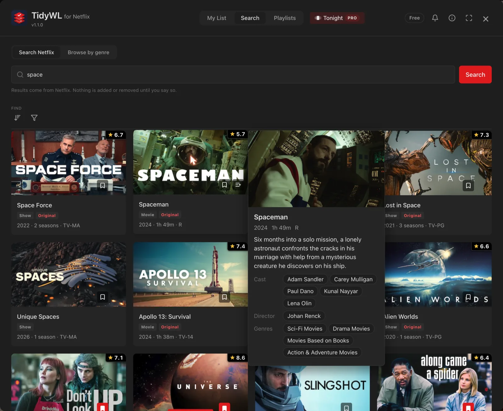 The Search tab showing results for "space" with IMDb ratings, and a panel open beside Spaceman with its synopsis, cast, director and genres.