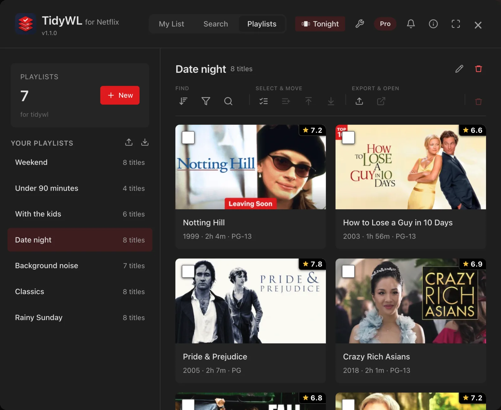 The Playlists tab: seven playlists down the side, and one of them, Date night, open with its eight titles.