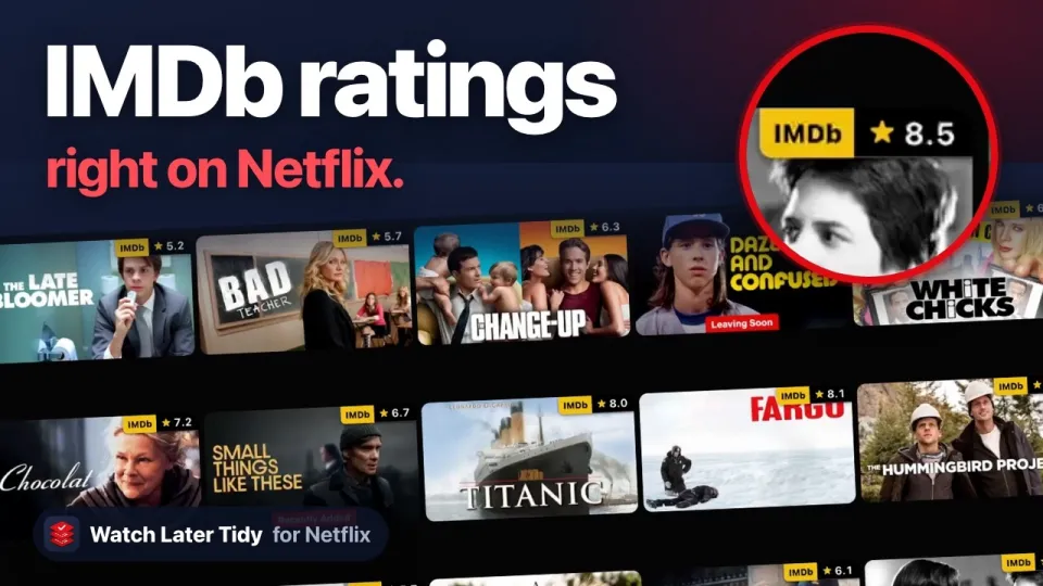 Video cover reading IMDb ratings right on Netflix, over rows of Netflix posters that each carry an IMDb badge.