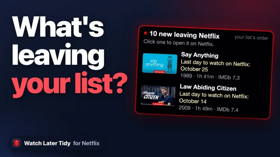 Video cover reading What's leaving your list?, beside the popup listing titles leaving Netflix, each with Netflix's own last-day sentence.