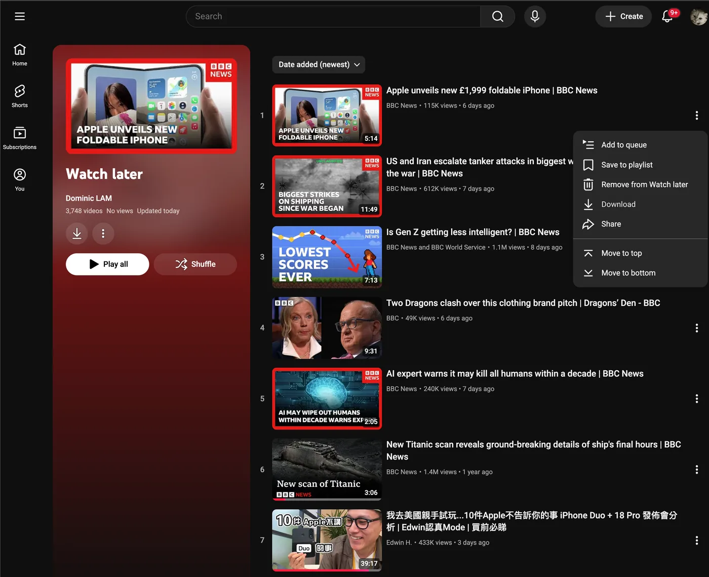 YouTube's own Watch Later page with 3,748 videos: a sort menu set to Date added, a search bar that searches all of YouTube, and a video's menu open on Remove from Watch later — the only way to delete, one video at a time.